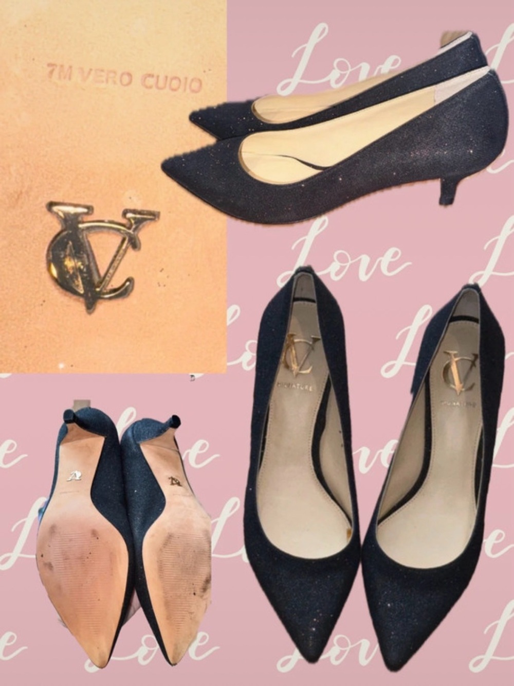 Vero Cuoio Black Glitter Pointed-Toe Kitten Heels